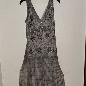Pisarro Nights Beaded Sleeveless V-Neck Champagne Art Deco Flapper Style Gown